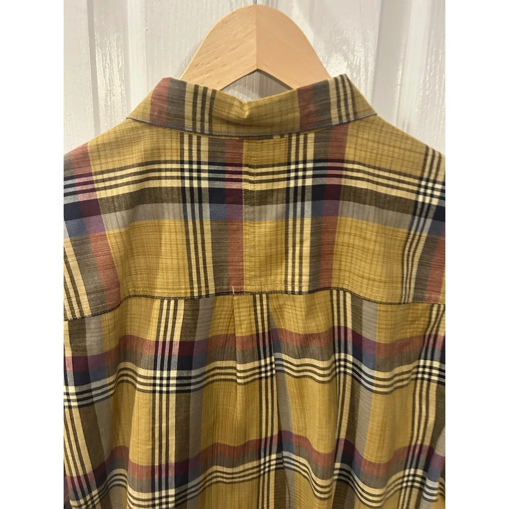 Toad&Co Button‎ Down Shirt Mustard Yellow Plaid Organic Cotton Short Sleeve L